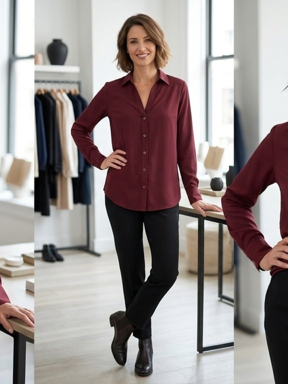 Tamara H Women's Long-Sleeve Button Down Shirt in Burgundy
